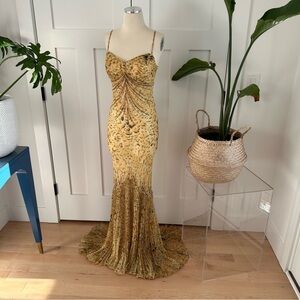 Elegant Leopard Print Inspired Yellow Beaded Gown